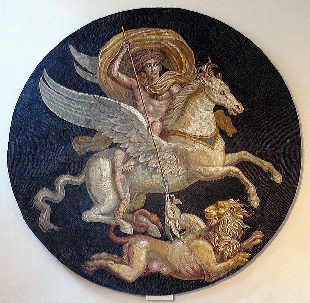 Bellerophon defeats the Chimera with the aid of the winged horse Pegasus